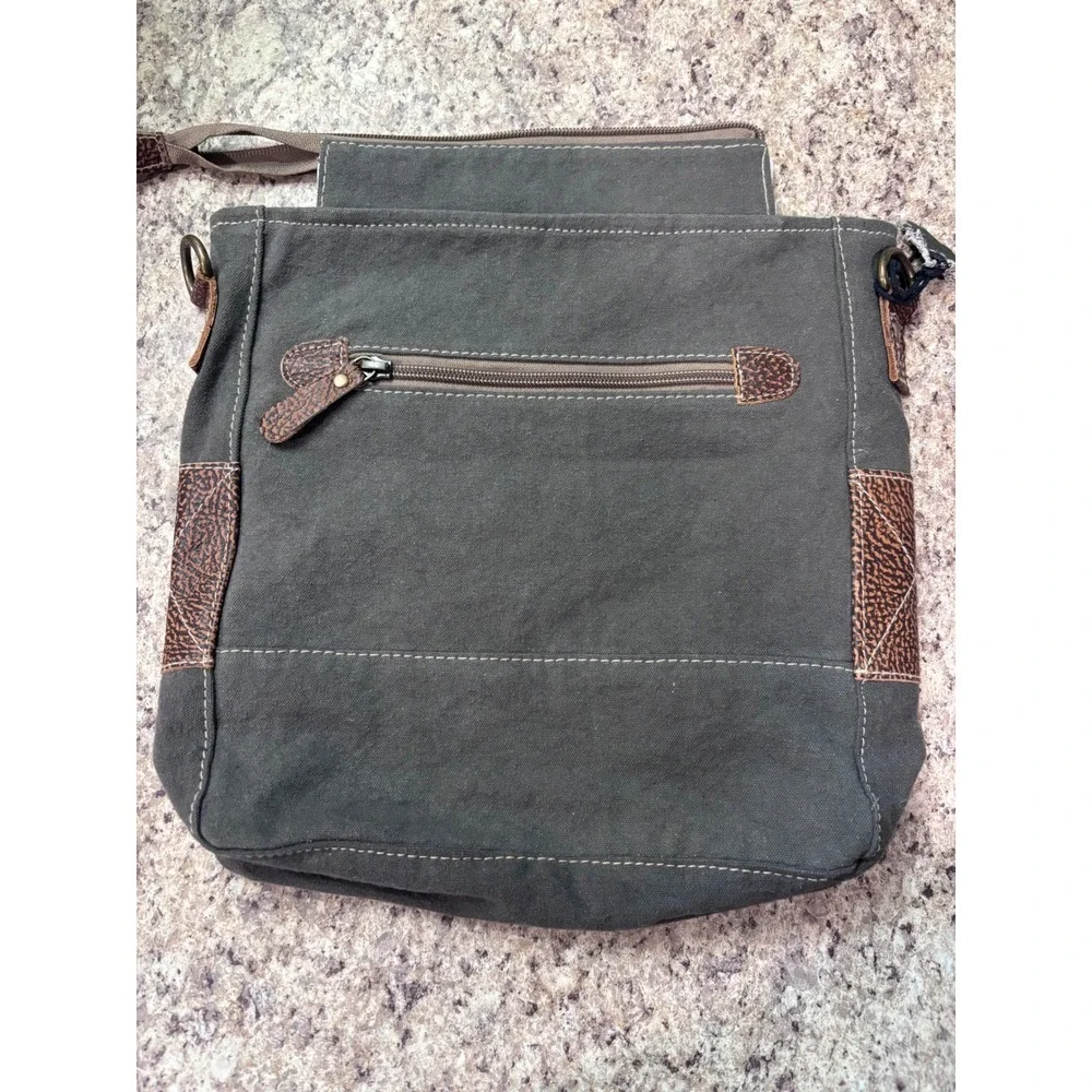 Myra Bag Canvas Cowhide Floral Crossbody Messenger Bag Olive Green Brown New